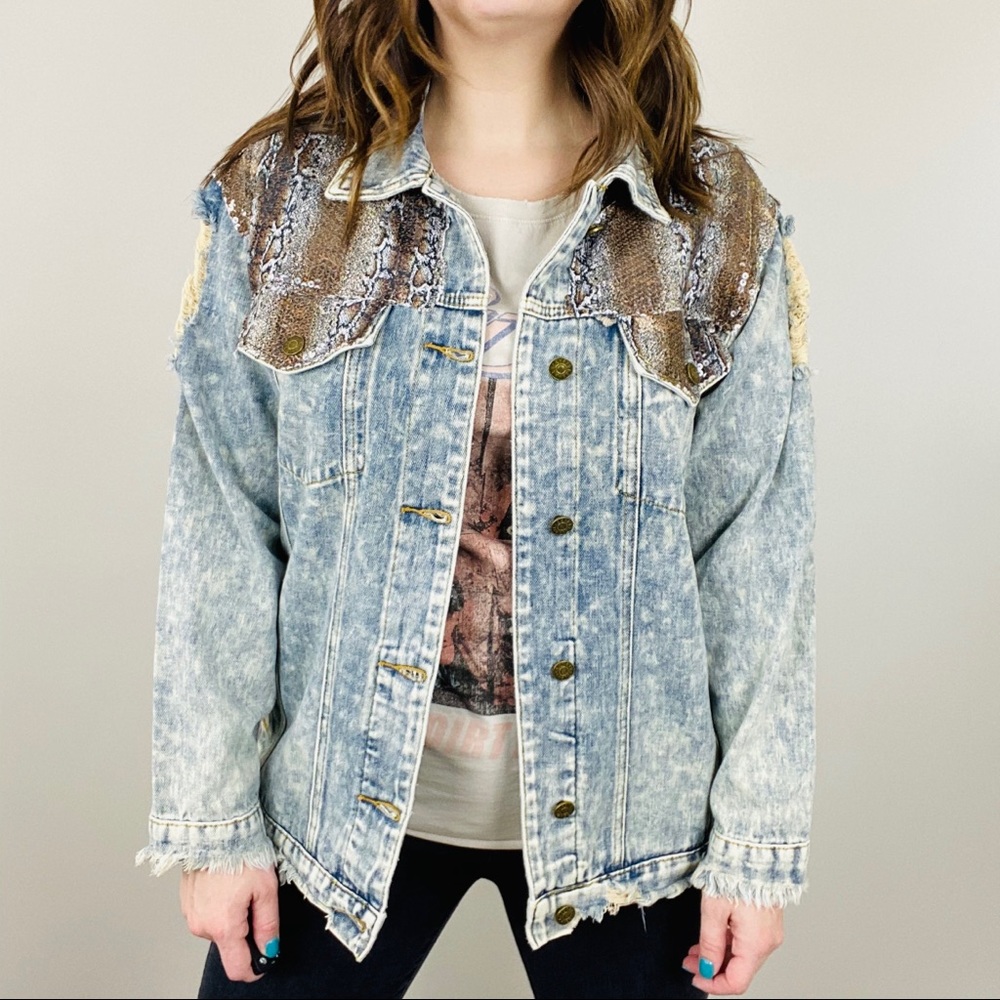 NWT Distressed Denim Sequin Snake Jacket - L&B